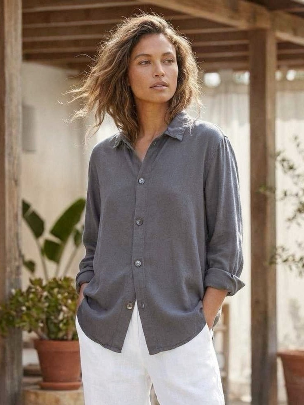 CP SHADES GRAY LINEN BUTTON FRONT SHIRT SZ M